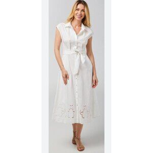 Ellen Tracy White Eyelet Midi Shirt Dress 100% Cotton Button Front Cap Sleeve L